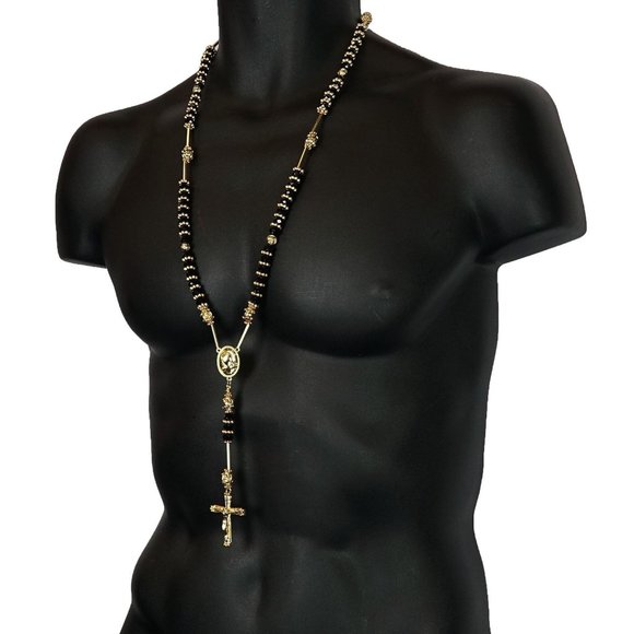 Men's 14k Black Bead Prayer Hand Rosmary Necklace